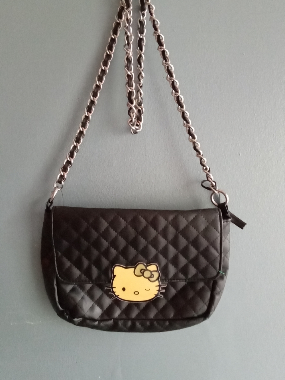 Hello Kitty Quilted Crossbody Bag Black Faux Leather Chain Strap Sanrio